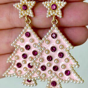Whimsical Pink Rhinestone Pearl Beads Gold Christmas Tree Statement Earrings New